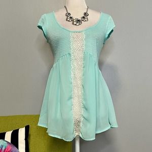 Daytrip Blue White Lace Short Sleeve Flowy Babydoll Top